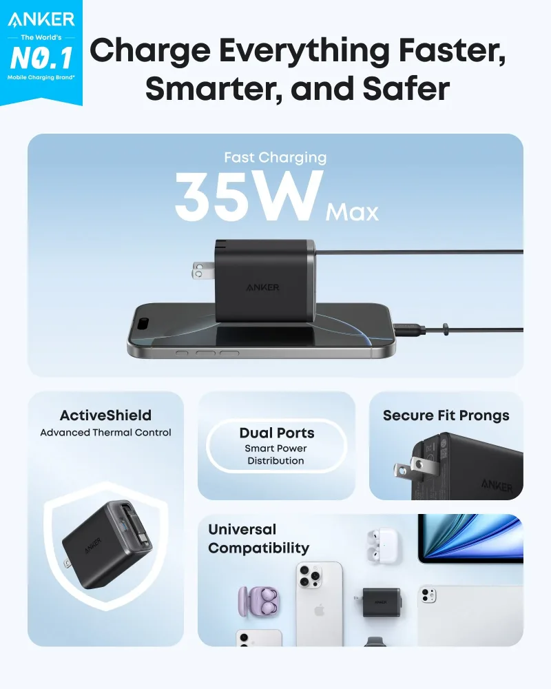 Anker Nano Charger (35W, Built-In Retractable USB-C Cable) —2- Pack