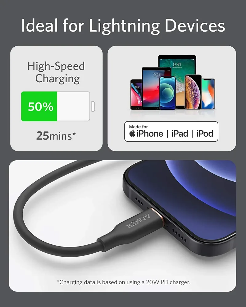 Anker <b>641</b> USB-C 至 Lightning 充電線 (Flow, 3 呎矽膠)