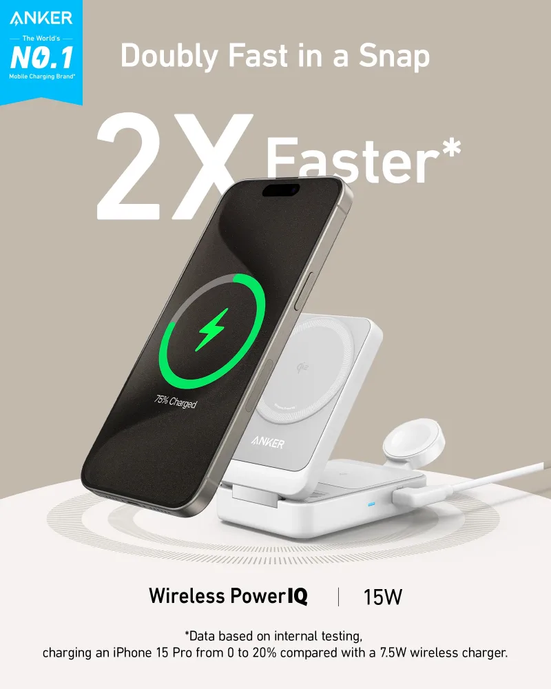 Anker MagGo Wireless Charging Station (Foldable 3-in-1) och Anker Nano Travel Adapter (5-in-1, 20W, 1-Pack)