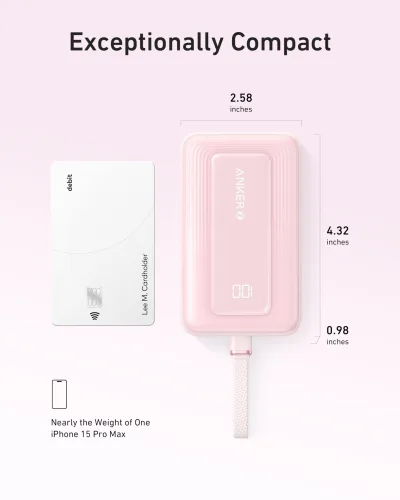 Anker Zolo 行動電源（10K，30W）配備 5.4 吋（13.7 厘米）內置 USB-C 充電線。