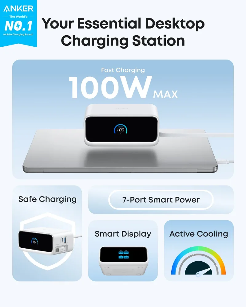 Anker Nano 充電站（7 合 1，100W）及 Anker Nano 充電器（45W）（附充電線）