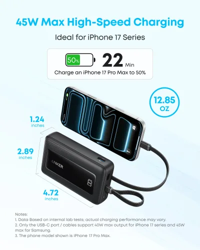 Anker Zolo Power Bank (20K, inbyggd USB-C- och Lightning-kabel)
