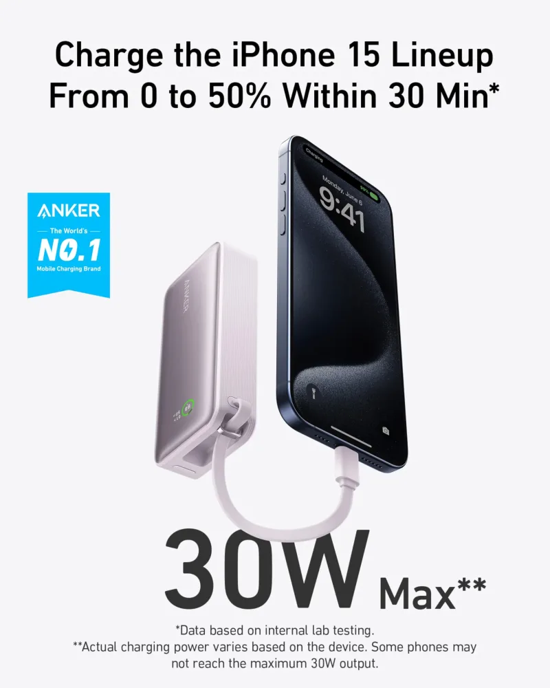 Anker Nano Power Bank (30W, Built-In USB-C Cable)