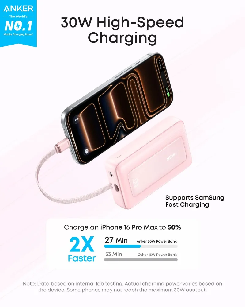 Anker Zolo 行動電源（10K，30W）配備 5.4 吋（13.7 厘米）內置 USB-C 充電線。