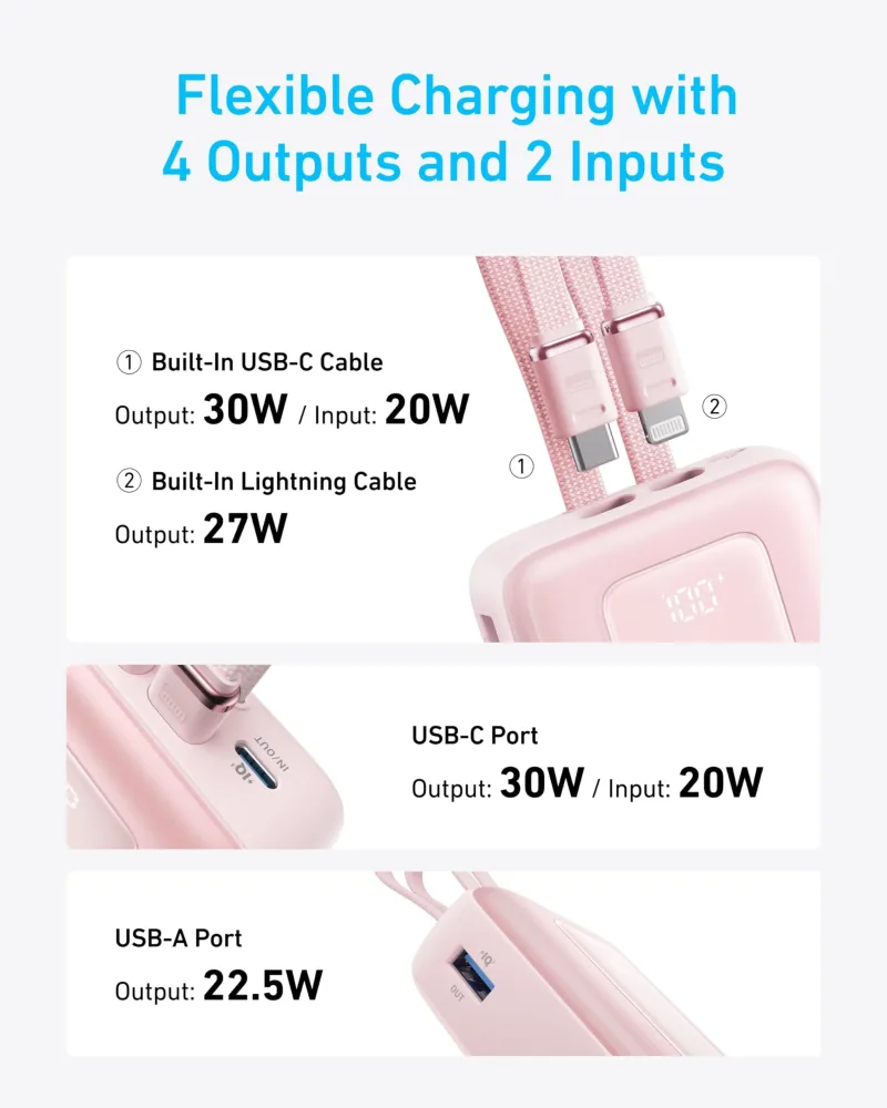Anker Zolo Power Bank (20K, inbyggd USB-C- och Lightning-kabel)