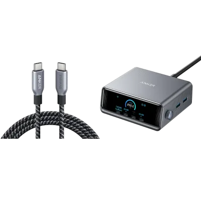 Yhdistelmäpaketti: Anker Prime -laturi (250 W, 6 porttia, GaNPrime) ja USB-C–USB-C-kaapeli (240 W)