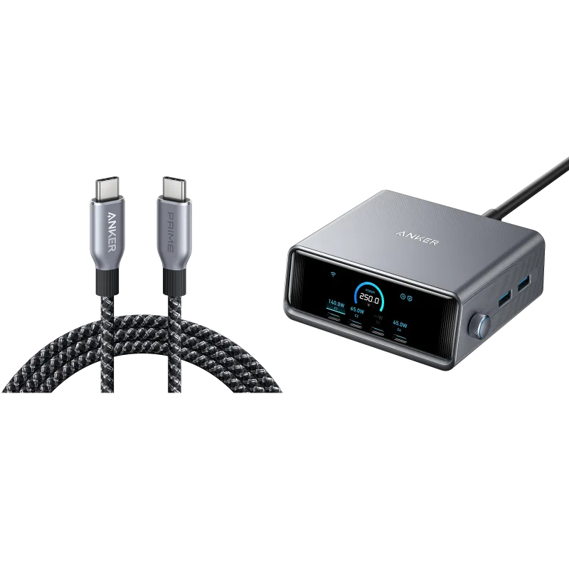 Yhdistelmäpaketti: Anker Prime -laturi (250 W, 6 porttia, GaNPrime) ja USB-C–USB-C-kaapeli (240 W)