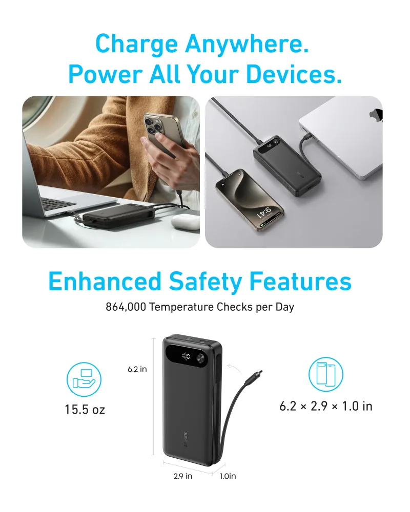 Anker Power Bank (20K, 87W, wbudowany kabel USB-C)