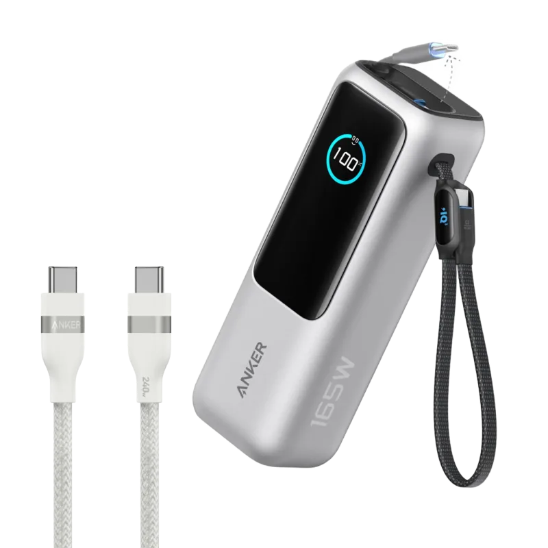 Bundle kit: Anker Laptop Power Bank (25K, 165W, Built-In and Retractable Cables) and Anker USB-C to USB-C Cable (6 ft, 240W, Upcycled-Braided)