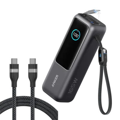 Bundle kit: Anker Laptop Power Bank (25K, 165W, Built-In and Retractable Cables) and Anker USB-C to USB-C Cable (6 ft, 240W, Upcycled-Braided)