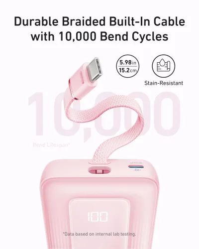 Anker Zolo 行動電源（10K，30W）配備 5.4 吋（13.7 厘米）內置 USB-C 充電線。