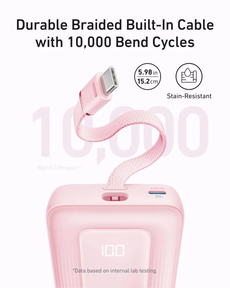 Anker Zolo 行動電源（10K，30W）配備 5.4 吋（13.7 厘米）內置 USB-C 充電線。