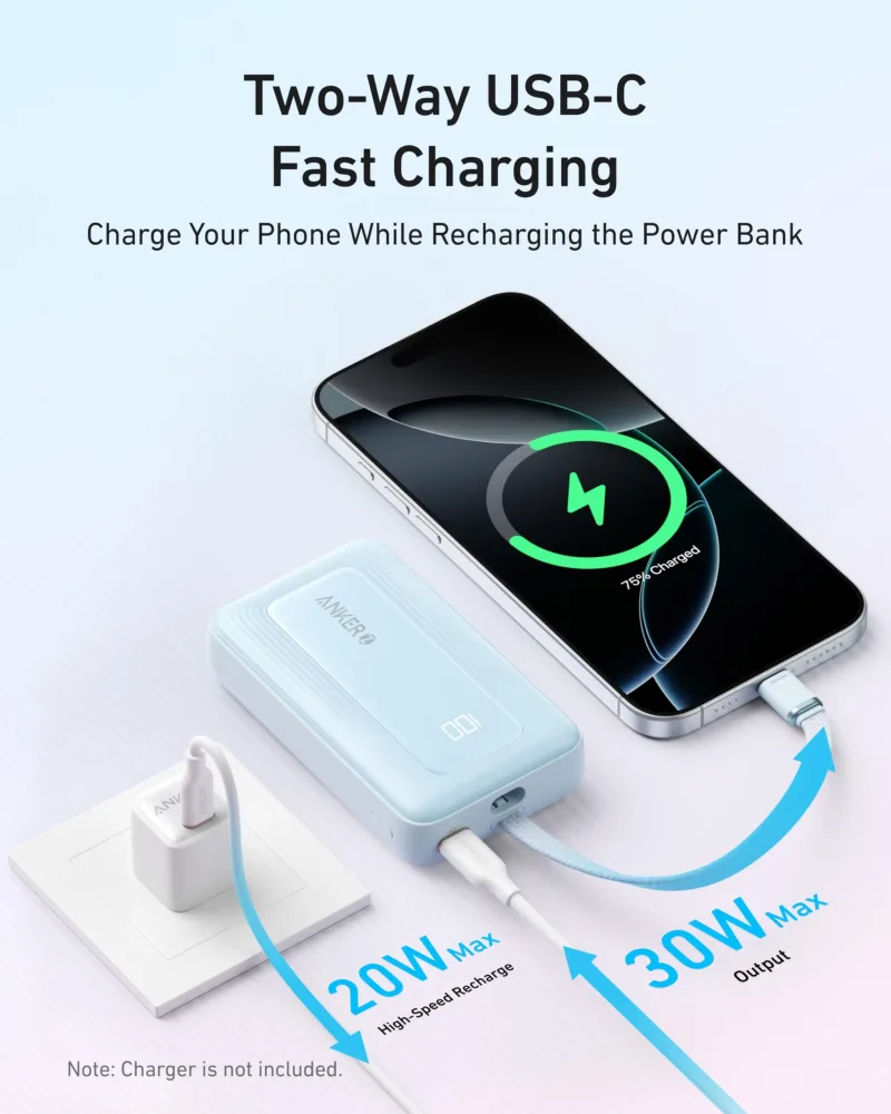 Anker Zolo 行動電源（10K，30W）配備 5.4 吋（13.7 厘米）內置 USB-C 充電線。