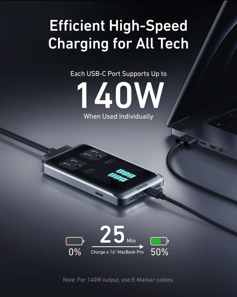 Anker Prime 充電站 (8 合 1，240W) 及 USB-C 至 USB-C 充電線 (6 呎，240W)