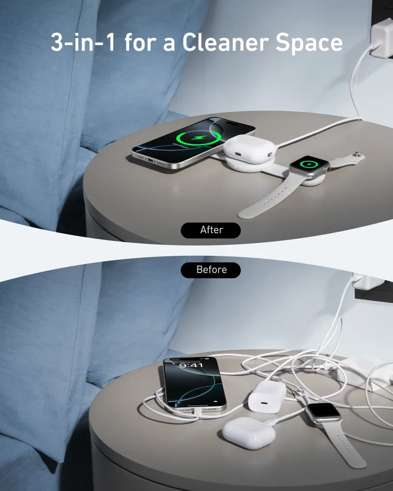 Anker MagGo 無線充電座（三合一、可摺疊充電板、極光白、附旅行盒及轉接器）