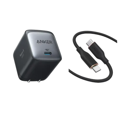 Cargador Anker <b>715</b> (Nano II 65W) y cable USB-C a USB-C (Flow, silicona, 3 ft)