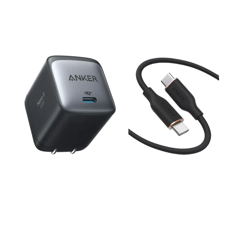 Cargador Anker <b>715</b> (Nano II 65W) y cable USB-C a USB-C (Flow, silicona, 3 ft)