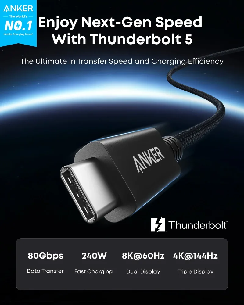 Anker Prime Thunderbolt 5 케이블 (3.3 ft / 1.7 ft, 80 Gbps, 240W)