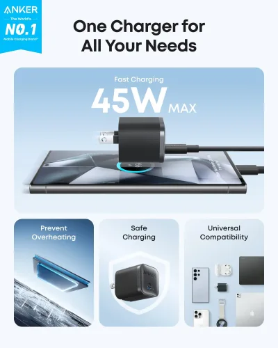 Anker Nano Travel Adapter (5-i-1, 20W, 1-pak) og Anker Nano Charger (45W) med USB-C til USB-C-kabel