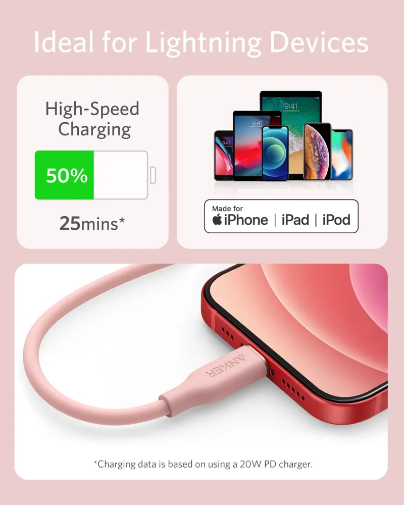 Anker <b>641</b> USB-C 至 Lightning 充電線 (Flow, 3 呎矽膠)