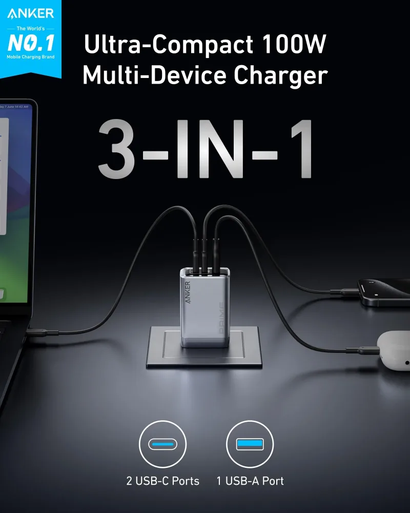 Anker Prime Charger (100W, 3 Ports, GaN) and Anker Prime USB-C to USB-C Cable (240W, Upcycled-Braided)