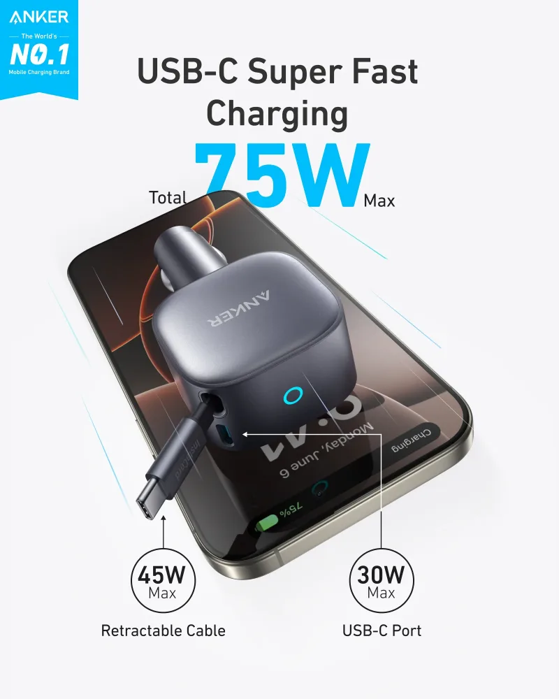 Anker Nano 75W biloplader og Anker Prime USB-C til USB-C-kabel (240W, upcycled-flettet)