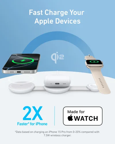 Anker MagGo 無線充電座（三合一、可摺疊充電板、極光白、附旅行盒及轉接器）