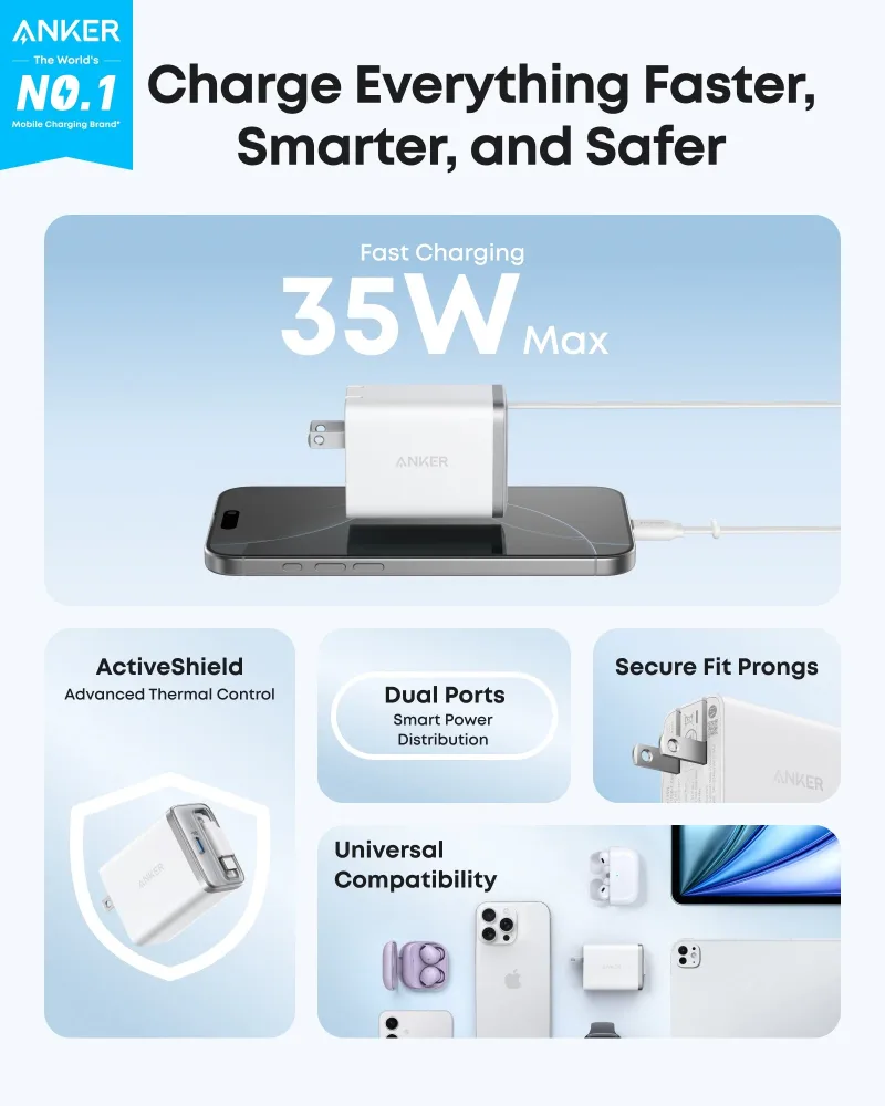 Anker Nano Charger (35W, Built-In Retractable USB-C Cable) —2- Pack