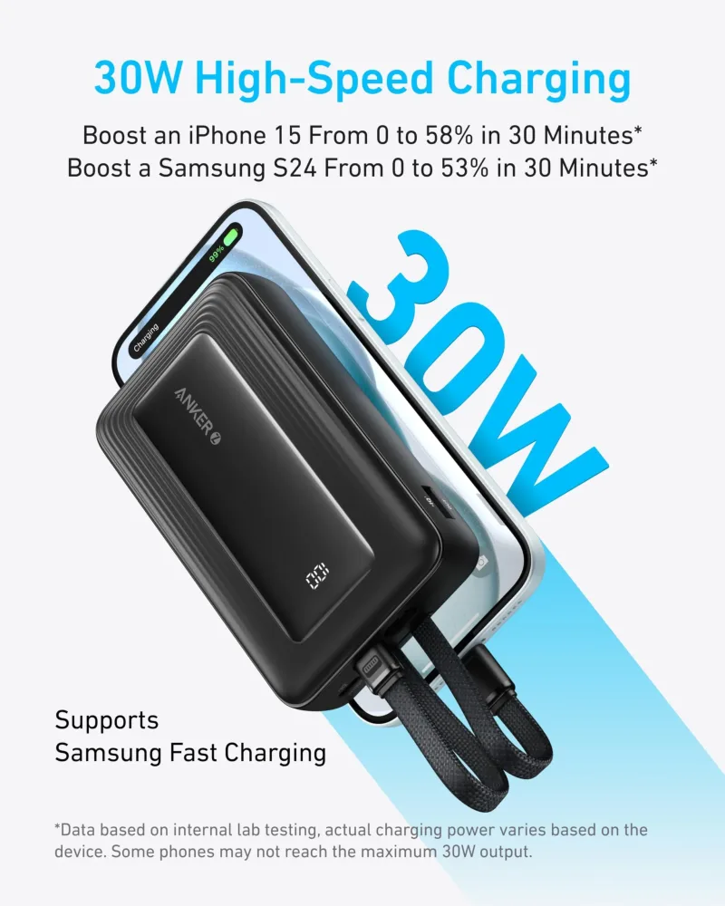 Anker Zolo Power Bank (20K, inbyggd USB-C- och Lightning-kabel)
