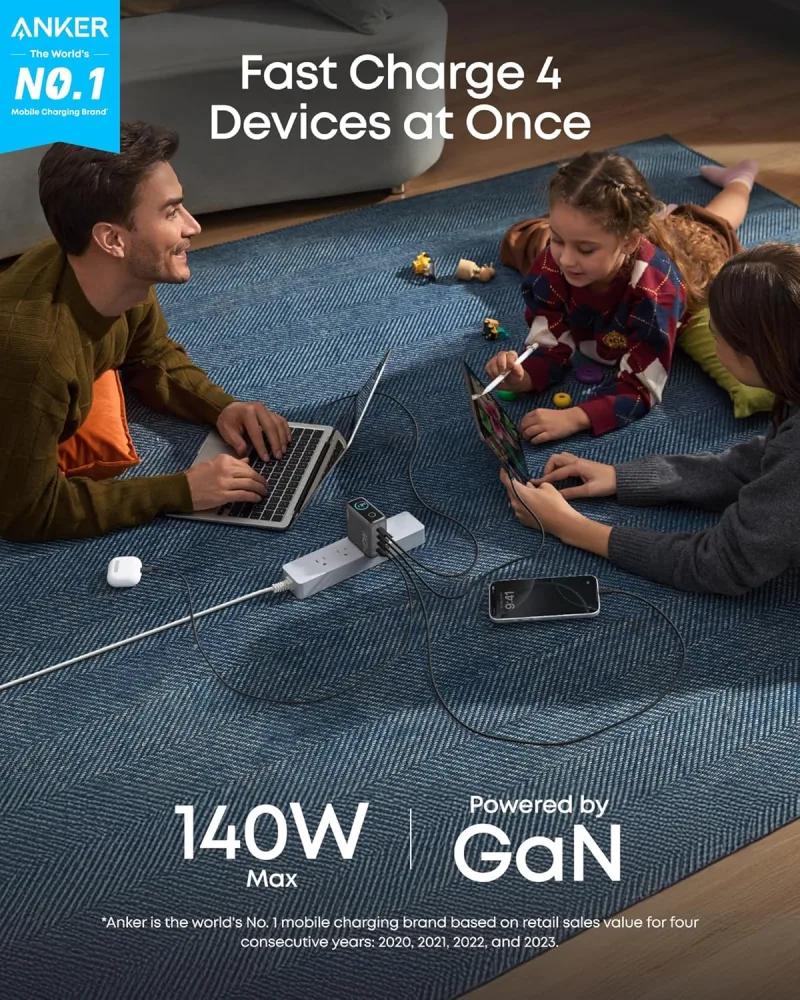 Anker 充電器 (140W, 4 埠, PD 3.1) 連 USB-C 充電線