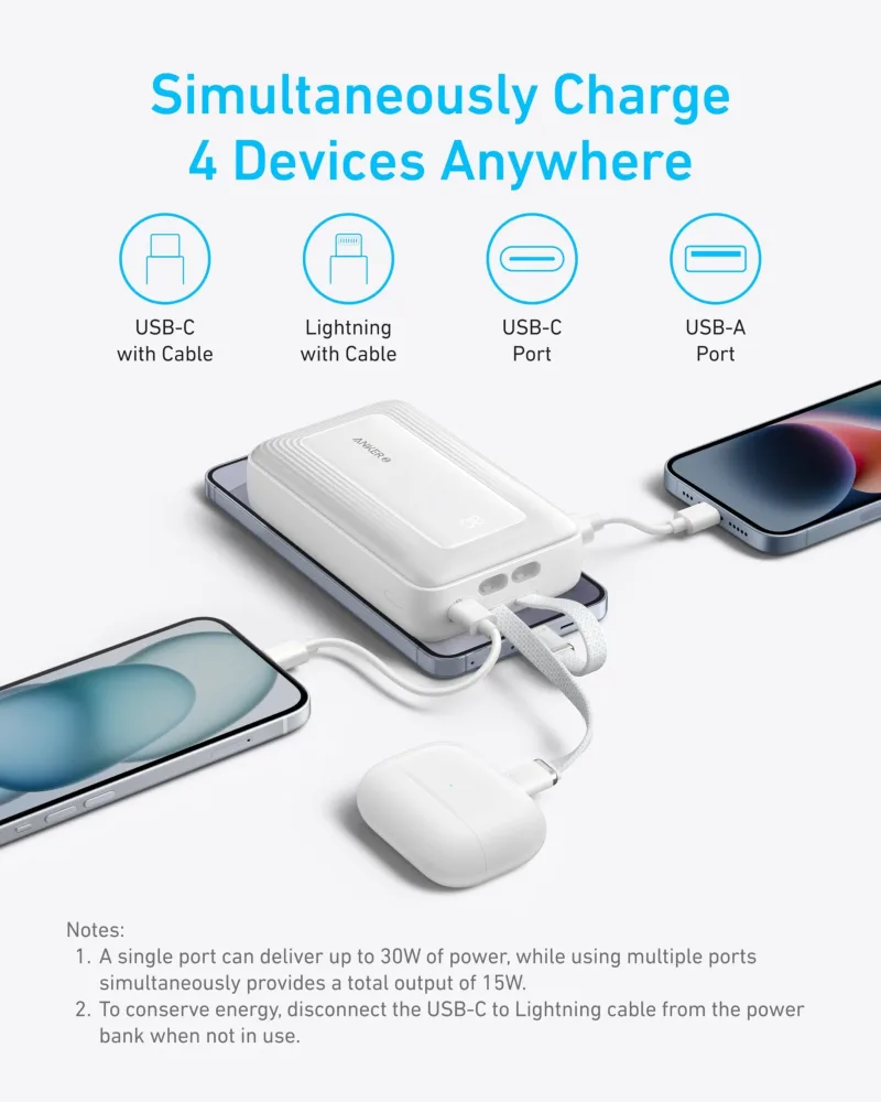 Anker Zolo Power Bank (20K, inbyggd USB-C- och Lightning-kabel)