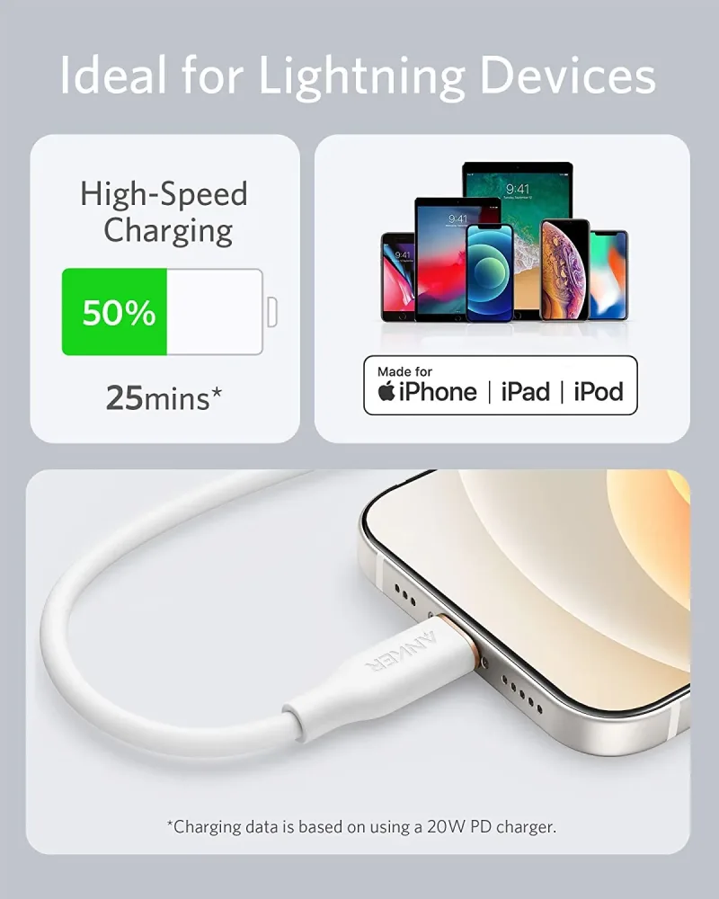 Anker <b>641</b> USB-C 至 Lightning 充電線 (Flow, 3 呎矽膠)