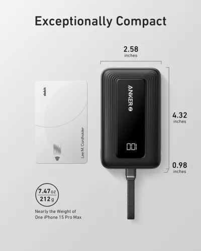 Anker Zolo 行動電源（10K，30W）配備 5.4 吋（13.7 厘米）內置 USB-C 充電線。