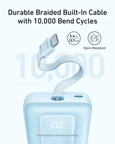 Anker Zolo 行動電源（10K，30W）配備 5.4 吋（13.7 厘米）內置 USB-C 充電線。