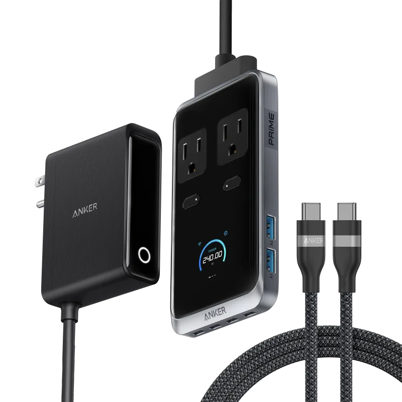 Anker Prime 充電站 (8 合 1，240W) 及 USB-C 至 USB-C 充電線 (6 呎，240W)