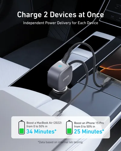 Anker Nano 75W biloplader og Anker Prime USB-C til USB-C-kabel (240W, upcycled-flettet)