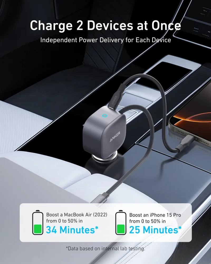 Anker Nano 75W biloplader og Anker Prime USB-C til USB-C-kabel (240W, upcycled-flettet)