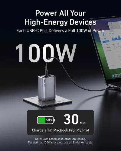 Anker Prime Charger（100W，3 個連接埠，GaN）及 USB-C 至 USB-C 充電線（240W，6 呎）
