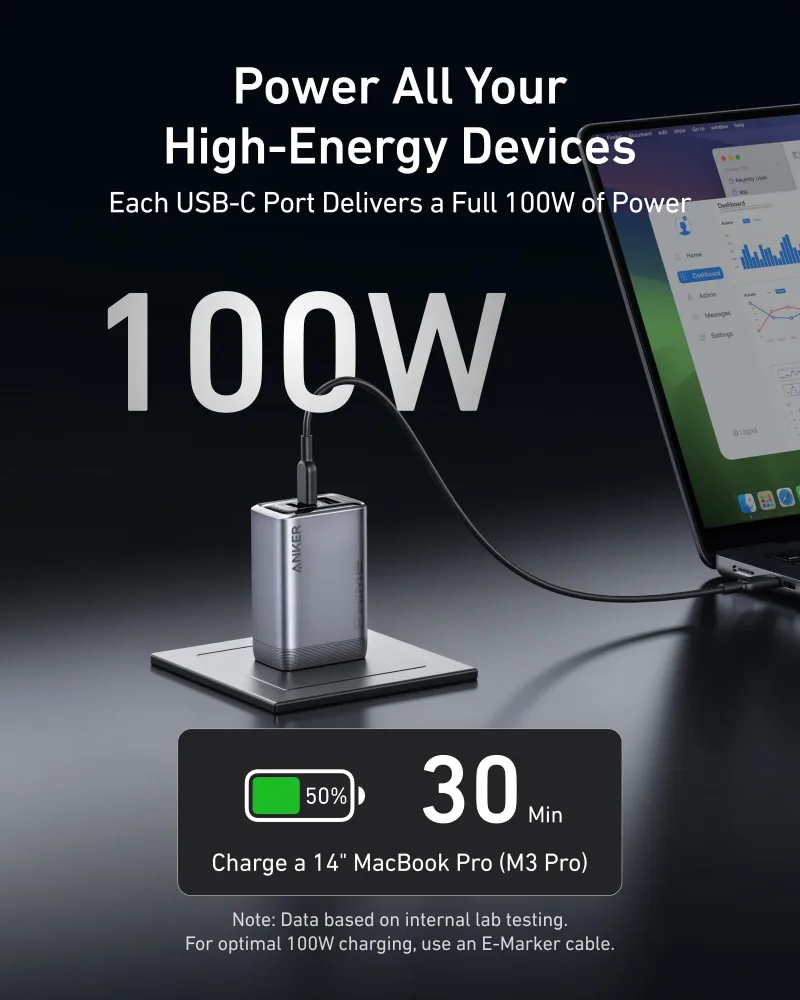 Anker Prime Charger（100W，3 個連接埠，GaN）及 USB-C 至 USB-C 充電線（240W，6 呎）