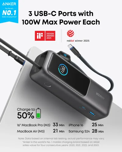Anker Laptop Power Bank (25K, 165W, wbudowane i wciągane kable)