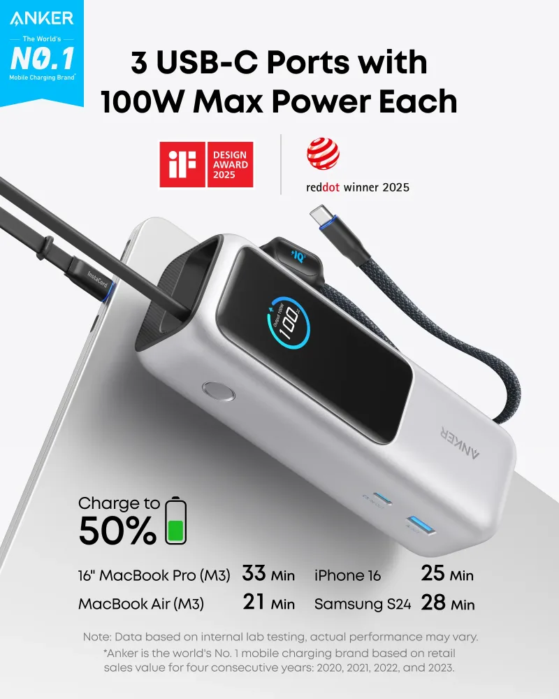 Anker Laptop Power Bank (25K, 165W, wbudowane i wciągane kable)