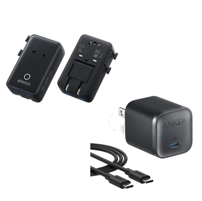 Anker Nano Travel Adapter (5-i-1, 20W, 1-pak) og Anker Nano Charger (45W) med USB-C til USB-C-kabel