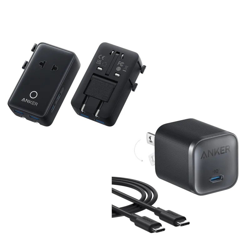 Anker Nano Travel Adapter (5-i-1, 20W, 1-pak) og Anker Nano Charger (45W) med USB-C til USB-C-kabel