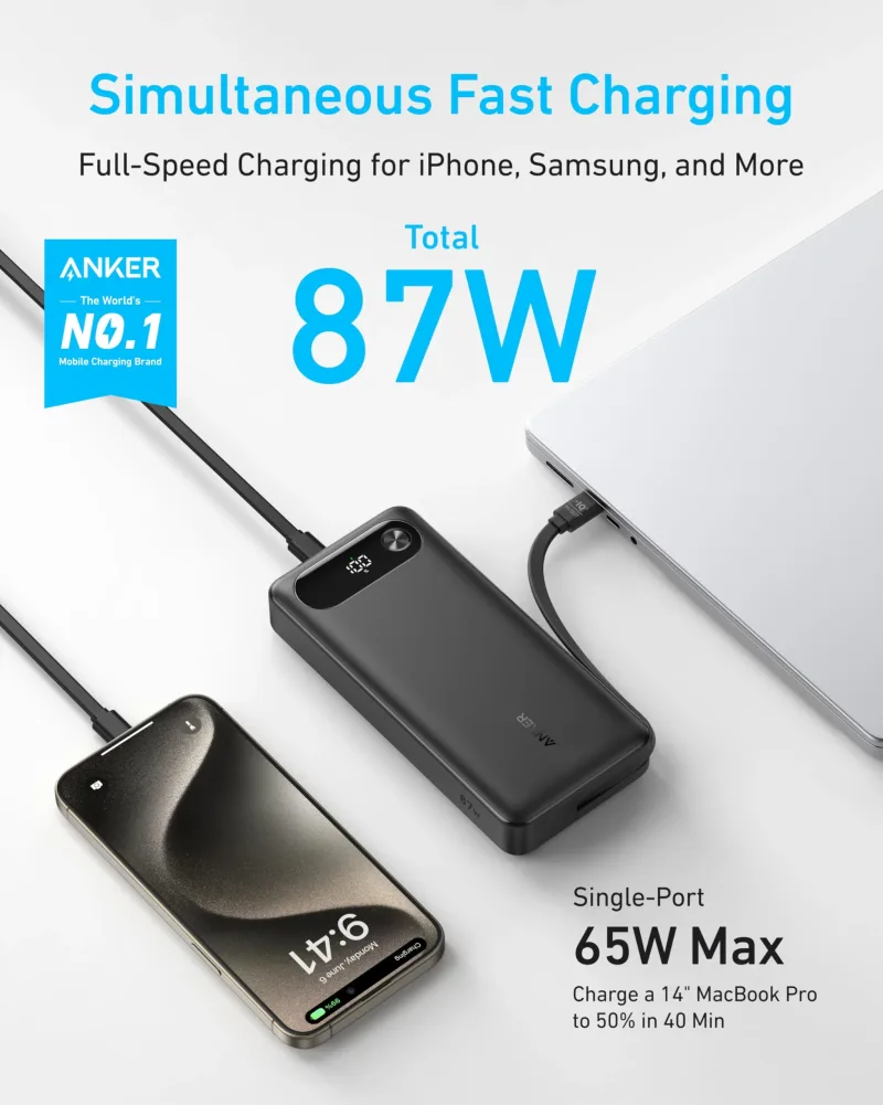 Anker Power Bank (20K, 87W, wbudowany kabel USB-C)