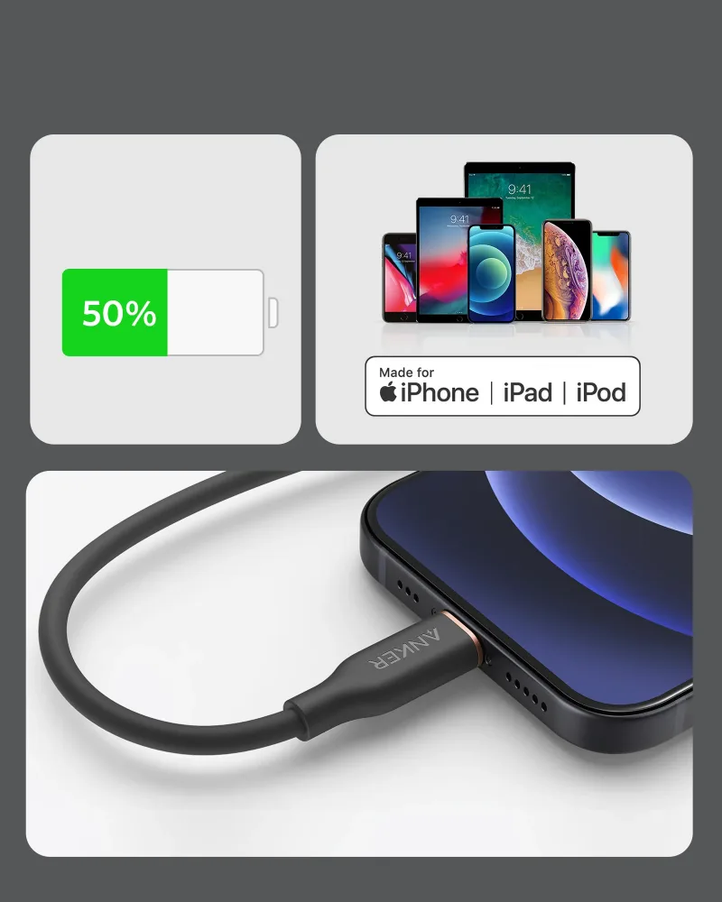 Anker <b>641</b> USB-C 至 Lightning 充電線 (Flow, 3 呎矽膠)