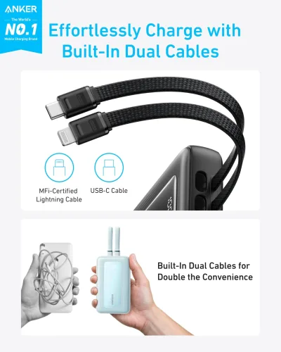 Anker Zolo Power Bank (20K, inbyggd USB-C- och Lightning-kabel)