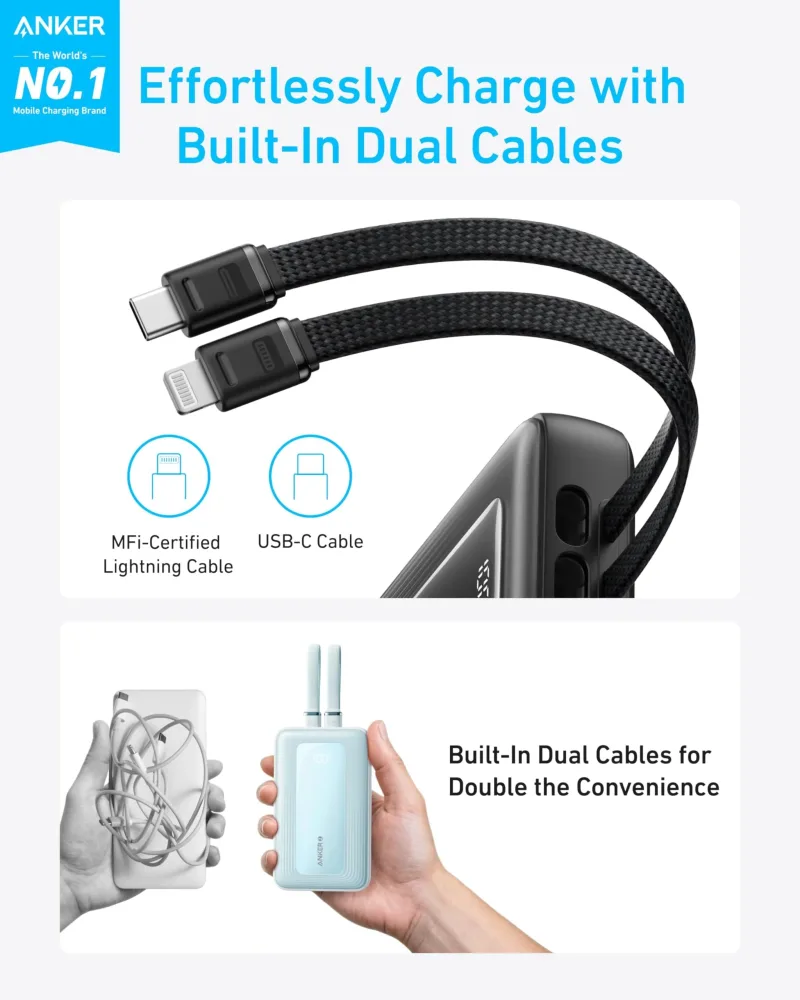 Anker Zolo Power Bank (20K, inbyggd USB-C- och Lightning-kabel)