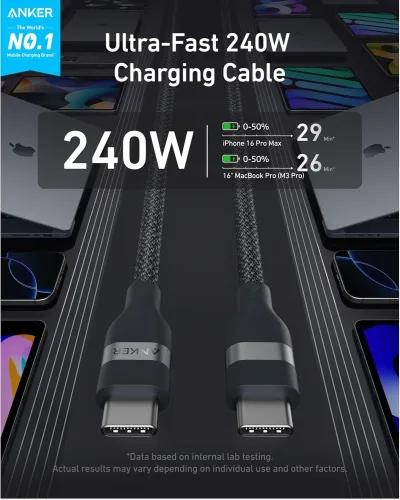 Anker USB-C-auf-USB-C-Kabel (3 ft / 6 ft, 240W, Upcycled-Braided)
