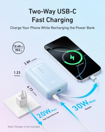 Anker Zolo 行動電源（10K，30W）配備 5.4 吋（13.7 厘米）內置 USB-C 充電線。