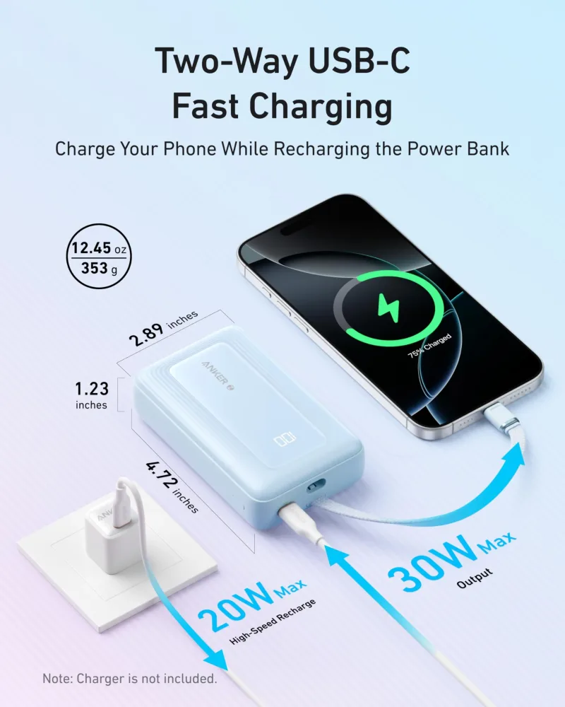 Anker Zolo 行動電源（10K，30W）配備 5.4 吋（13.7 厘米）內置 USB-C 充電線。